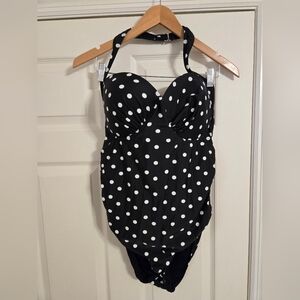 Simply Fit Black and White Polka Dot Halter Swimsuit Size 1X